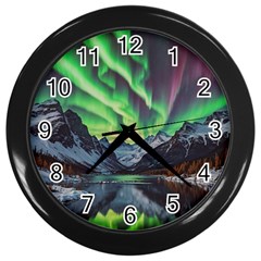 Lake Mountains Aorora Northern Lights Snow Wall Clock (black)