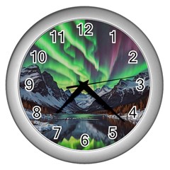 Lake Mountains Aorora Northern Lights Snow Wall Clock (silver)