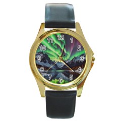 Lake Mountains Aorora Northern Lights Snow Round Gold Metal Watch