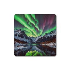 Lake Mountains Aorora Northern Lights Snow Square Magnet by Paksenen