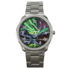 Lake Mountains Aorora Northern Lights Snow Sport Metal Watch