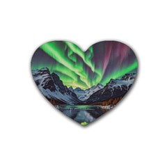 Lake Mountains Aorora Northern Lights Snow Rubber Heart Coaster (4 Pack)