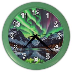 Lake Mountains Aorora Northern Lights Snow Color Wall Clock by Paksenen