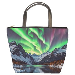 Lake Mountains Aorora Northern Lights Snow Bucket Bag by Paksenen