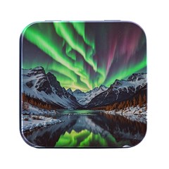 Lake Mountains Aorora Northern Lights Snow Square Metal Box (black) by Paksenen