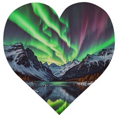 Lake Mountains Aorora Northern Lights Snow Wooden Puzzle Heart by Paksenen