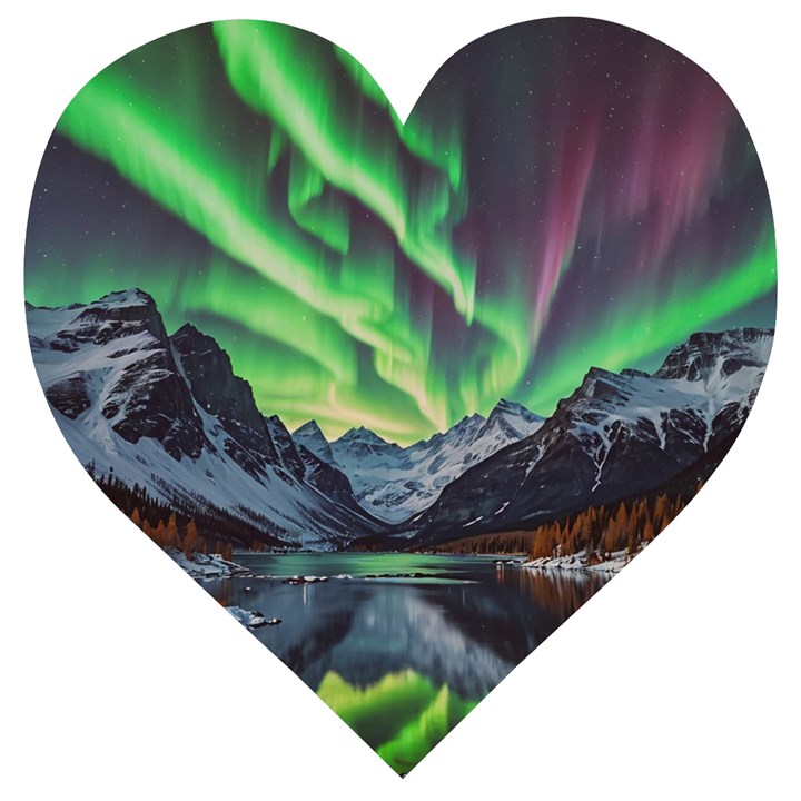 Lake Mountains Aorora Northern Lights Snow Wooden Puzzle Heart