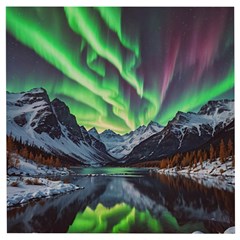 Lake Mountains Aorora Northern Lights Snow Wooden Puzzle Square by Paksenen