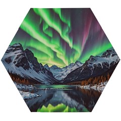 Lake Mountains Aorora Northern Lights Snow Wooden Puzzle Hexagon by Paksenen