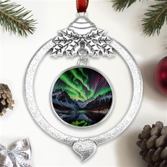 Lake Mountains Aorora Northern Lights Snow Metal Silver X mas Leaves Round Ornament by Paksenen