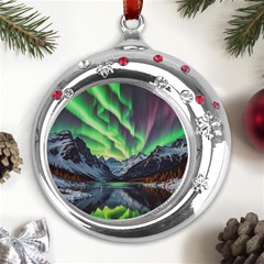 Lake Mountains Aorora Northern Lights Snow Metal Snowflake Red Crystal Round Ornament by Paksenen