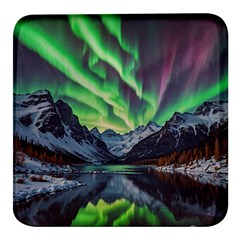 Lake Mountains Aorora Northern Lights Snow Square Glass Fridge Magnet (4 Pack) by Paksenen