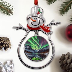 Lake Mountains Aorora Northern Lights Snow Metal Snowman Ornament by Paksenen