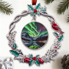 Lake Mountains Aorora Northern Lights Snow Metal X mas Wreath Holly Leaf Ornament by Paksenen