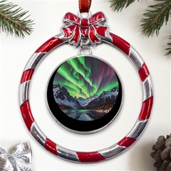 Lake Mountains Aorora Northern Lights Snow Metal Red Ribbon Round Ornament by Paksenen