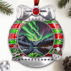 Lake Mountains Aorora Northern Lights Snow Metal X mas Ribbon With Red Crystal Round Ornament by Paksenen