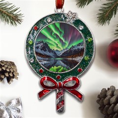 Lake Mountains Aorora Northern Lights Snow Metal X mas Lollipop With Crystal Ornament by Paksenen