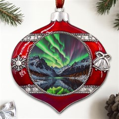 Lake Mountains Aorora Northern Lights Snow Metal Snowflake And Bell Red Ornament by Paksenen