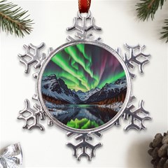 Lake Mountains Aorora Northern Lights Snow Metal Large Snowflake Ornament by Paksenen