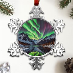 Lake Mountains Aorora Northern Lights Snow Metal Small Snowflake Ornament by Paksenen