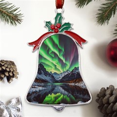 Lake Mountains Aorora Northern Lights Snow Metal Holly Leaf Bell Ornament by Paksenen