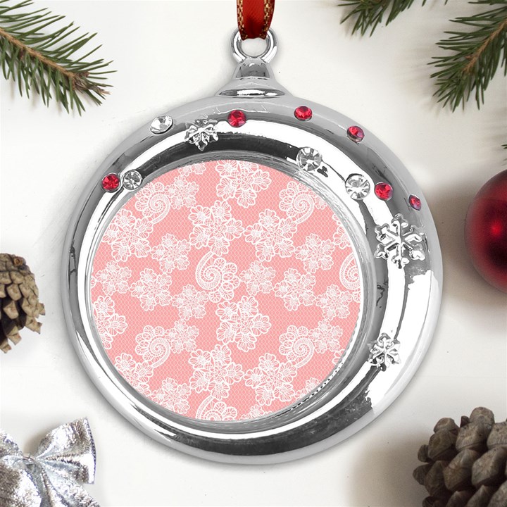 Lace White Ornamental Textile Metal Snowflake Red Crystal Round Ornament