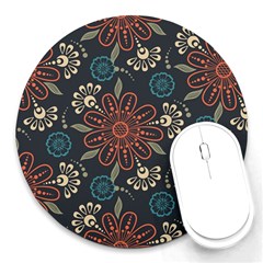 Retro Texture With Orange Flowers Floral Round Mousepad by Paksenen