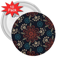 Retro Texture With Orange Flowers Floral 3  Buttons (10 Pack) 