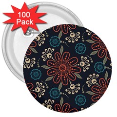 Retro Texture With Orange Flowers Floral 3  Buttons (100 Pack) 