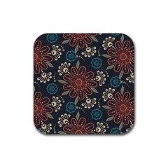 Retro Texture With Orange Flowers Floral Rubber Coaster (square)