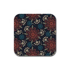 Retro Texture With Orange Flowers Floral Rubber Square Coaster (4 Pack)