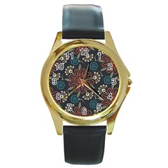 Retro Texture With Orange Flowers Floral Round Gold Metal Watch