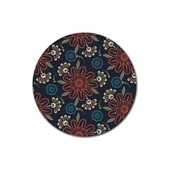 Retro Texture With Orange Flowers Floral Rubber Coaster (round)