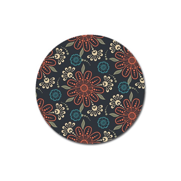 Retro Texture With Orange Flowers Floral Magnet 3  (Round)