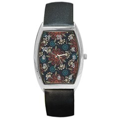 Retro Texture With Orange Flowers Floral Barrel Style Metal Watch