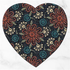 Retro Texture With Orange Flowers Floral Jigsaw Puzzle (heart)