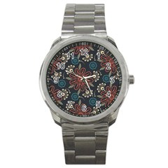 Retro Texture With Orange Flowers Floral Sport Metal Watch