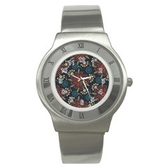 Retro Texture With Orange Flowers Floral Stainless Steel Watch