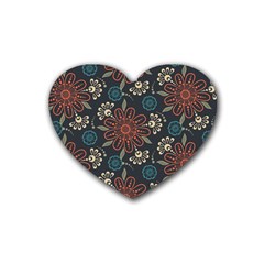 Retro Texture With Orange Flowers Floral Rubber Coaster (heart)