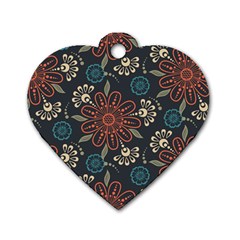 Retro Texture With Orange Flowers Floral Dog Tag Heart (one Side)