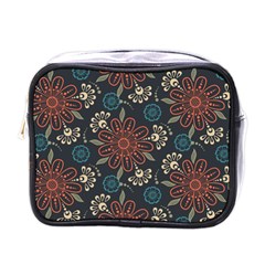 Retro Texture With Orange Flowers Floral Mini Toiletries Bag (one Side)