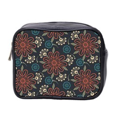 Retro Texture With Orange Flowers Floral Mini Toiletries Bag (two Sides)