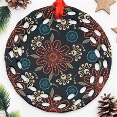 Retro Texture With Orange Flowers Floral Ornament (round Filigree)