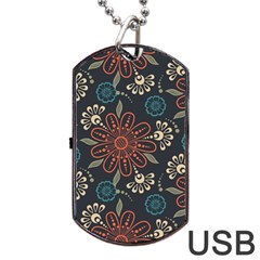 Retro Texture With Orange Flowers Floral Dog Tag Usb Flash (one Side)