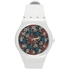 Retro Texture With Orange Flowers Floral Round Plastic Sport Watch (m)