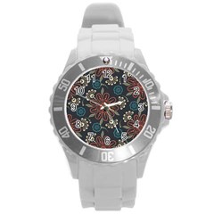 Retro Texture With Orange Flowers Floral Round Plastic Sport Watch (l)