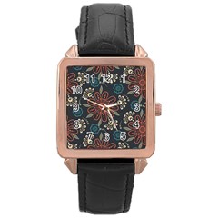 Retro Texture With Orange Flowers Floral Rose Gold Leather Watch 