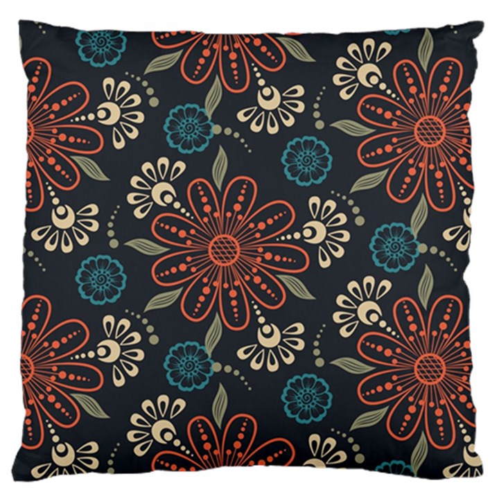 Retro Texture With Orange Flowers Floral Large Premium Plush Fleece Cushion Case (Two Sides)