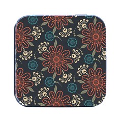 Retro Texture With Orange Flowers Floral Square Metal Box (black)