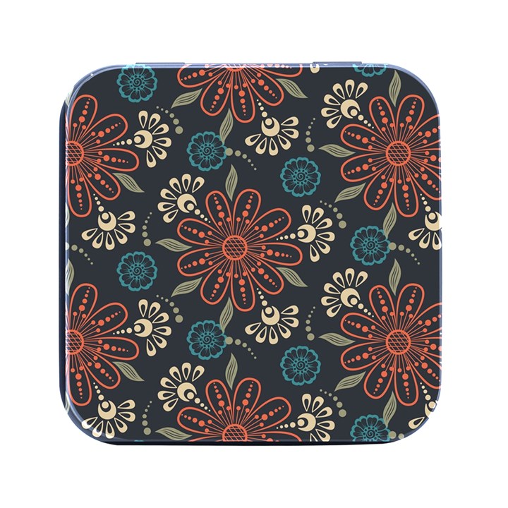 Retro Texture With Orange Flowers Floral Square Metal Box (Black)